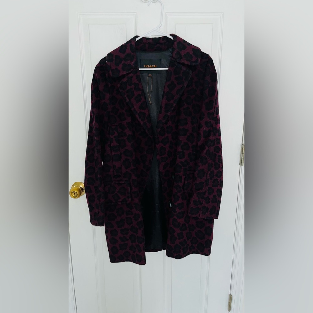 Coach Leopard Print Ocelot long peacoat Coat - dark cranberry and black